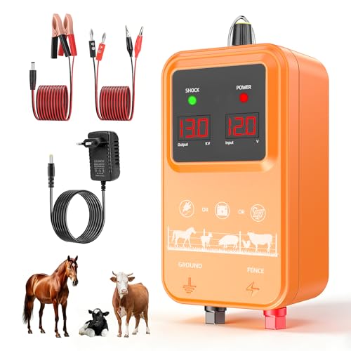 15KM Cerca Eléctrica para Ganado y Animales, Electrificador de Cerca Ajustable 7 13KV 2.0J de Alta Potencia, Protección Completa para Caballos, Ovejas, Perros, Pastos, Granja y Jardín (Naranja)