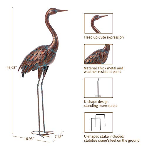 Kircust Garden Statues and Sculptures Metal Heron Decoy, Standing Patina Crane Yard Art for Outdoor Patio Lawn Decoration, 48-Inch High (1PC)