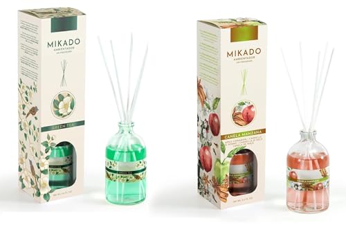 PCMOVILES Mikado Ambientador GREEN TEA Y MANZANA & CANELA 100 ml – Pack de 2 Unidades – Aroma Fresco y Natural – Difusor de Varillas para Casa, Oficina y Armario