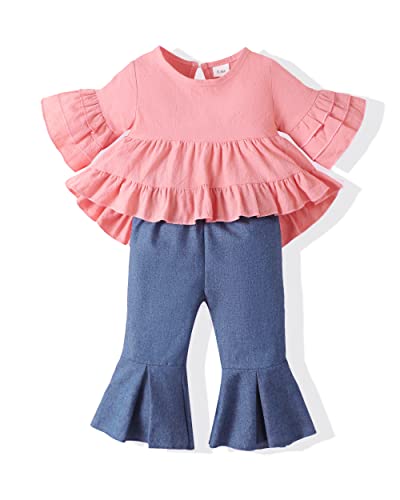 Image of Renotemy Infant 6-9 Months Baby Girl Outfit Summer Newborn Clothes Set Ruffle Short Sleeve Tops Jeans Cute Baby Girl Clothes 6-9 Months