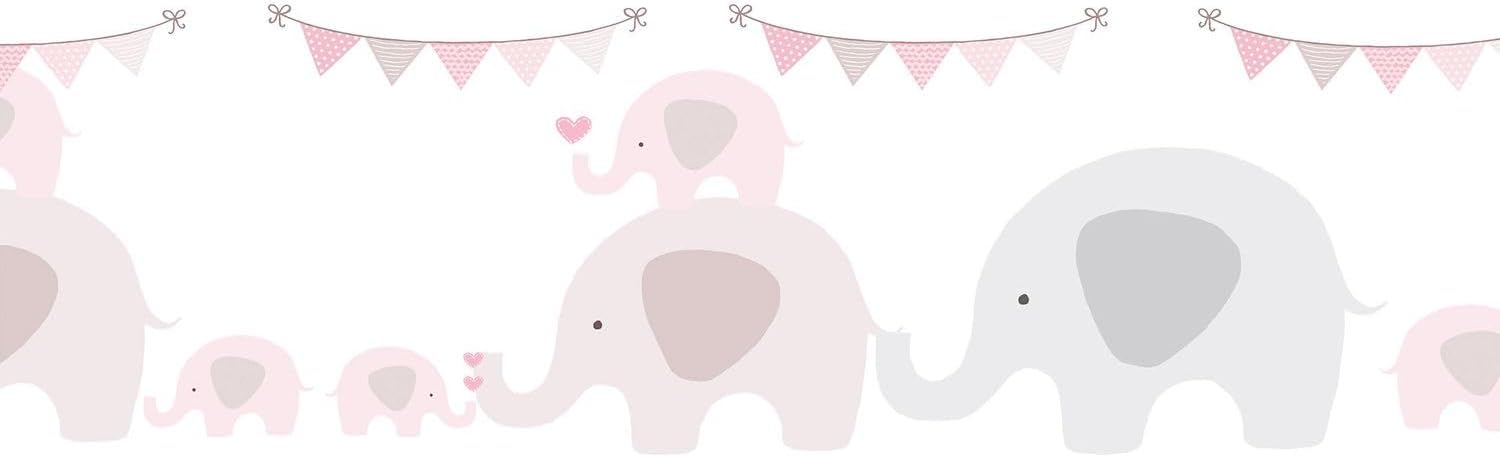 Animal Pattern Wallpaper Wall Profhome 403749-GU self-Adhesive Border Slightly Textured with Elephants matt Pink Grey White 0.75 m2 (8.07 ft2)