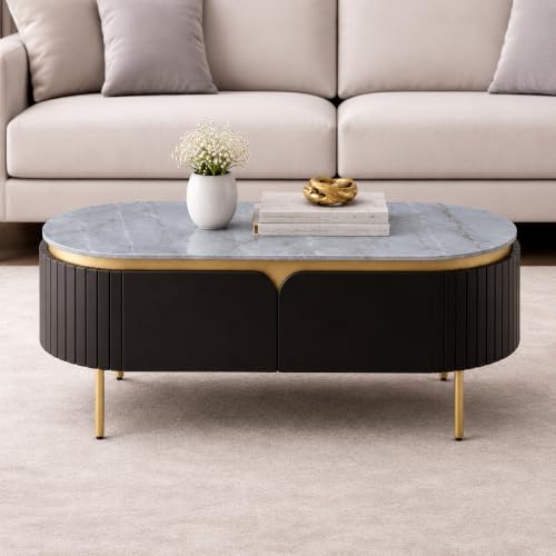 Image of The Attic Carlston Coffee Table for Living Room, Solid Wood Centre Table with Ceramic Top, Black Matte Finish, Oval Shape with Gold Accent
