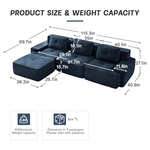 Image of 117 inch L-Shaped 3-Seater Modular Boneless Couch with Ottoman, Soft Corduroy Cloud sectional Sofa, Deep Seat Ergonomic Design, No Assembly Anti-Slip Sofa for Living Room, Blue