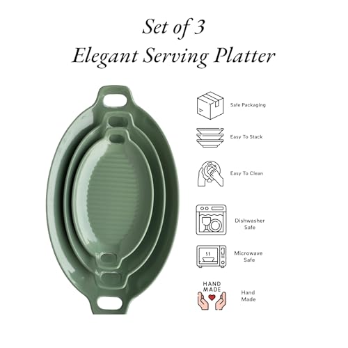 Image of Serving Platter | Melamine Snack Platter | Multi-Purpose Kitchen Serving Platter | Versatile Chip and Dip Tray for Snacks, Starters & Desserts | Lightweight & Dishwasher Safe | Set of 3 (GREEN)
