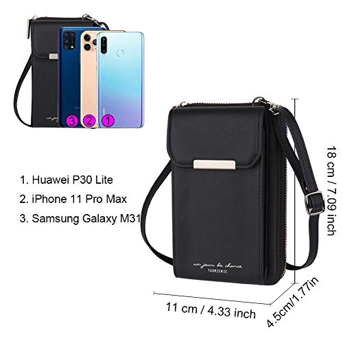 Bolso Movil Mujer, Aeeque Monedero de Teléfono Celular, Bandolera Pequeño Mujeres, Crossbody Phone Cartera Compatible con Xiaomi Redmi Note 9 / Samsung Galaxy M32 / iPhone 13 Pro 6,1 Pulgada - Negro