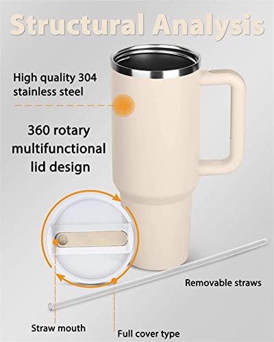 40 Oz Tumbler With Handle And Straw Lid Insulated Reusable Stainless Steel Water Bottle Travel Mug Iced Coffee Cup Travel Mug For Hot And Cold Beverages 40 Oz Tumbler With Handle (Color : Beige) #TOP1