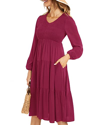 Ailsi 2023 Womens Fall Wine Boho Dress Vintage Smocked High Waist Long Sleeve V Neck A Line Wedding Guest Beach Flowy Spring Babydoll Western Maternity Winter Long Midi Dresses For Women(X-Large,Wine) #TOP4