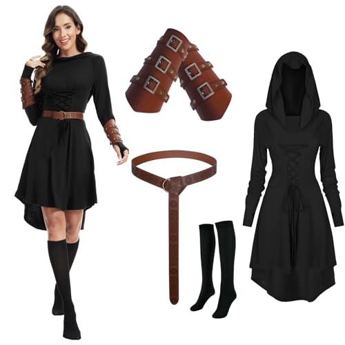 AJGEGJE Mittelalter Kleidung Kostüm Damen Set, Renaissance Kapuzenkleid Set mit Armschützern Gürtel Strümpfe, Halloween Gothic Kapuzenkleid...