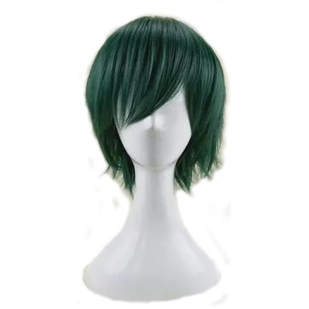 Capelli corti unisex da 12 pollici, parrucca BOB da festa con frangia, parrucche for costumi di Halloween Soffice e Naturale(Green)