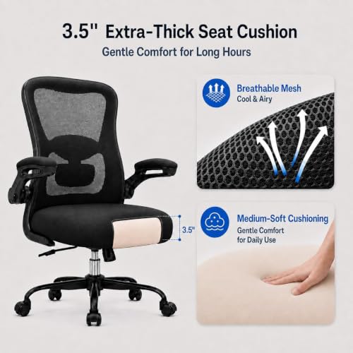 Image of Ergonomic Office Chair for Long Hours, Adjustable Padded Lumbar Support for Lower Back Relief, 330 lb Capacity, Comfortable Computer Desk Chair for Home Office, Work & Study