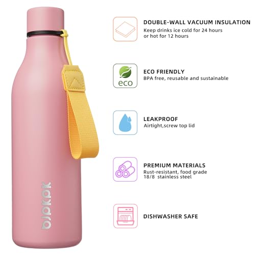 Image of BJPKPK Insulated Water Bottles, 25 oz Stainless Steel Metal Water Bottle with Strap, BPA Free Leak Proof Jugs, Mugs, Flasks, Reusable Thermal Flasks for Sports & Travel, Light Pink