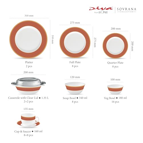 Image of La Opala Diva Sovrana Collection Opal Glass Crockery | for Family of 8 | Dinner Set 62 pcs Regent Red | Plates & Bowls for Dining | Microwave Safe | 100% Vegetarian | Extra Strong | Light & White