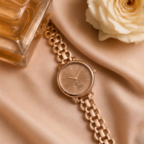 Image of HALFDOT Women's Brown Analog Wrist Watch | Elegant Chain-Link Metal Strap Quartz Watch | Fashion Wrist Watch for Women & Girls