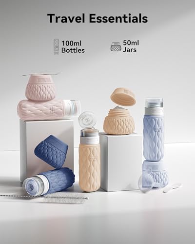 8 Sztuk Podróży Silikonowe, 100ml/50ml Butelki Podróżne na Przybory Toaletowe, Szczelne Pojemniki Podróżne z Możliwością Wielokrotnego Napełniania na Szampon, Balsam, Kremy, Kosmetyki
