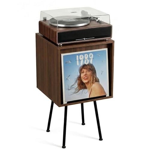 Image of Faesun Flip Top Record Player Stand, End Table Holds up to 100 Albums, Turntable Stand with Record Display, Vinyl Record Storage for Living Room, Bedroom, Walnut