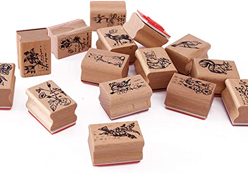 image for Co-link 15pcs Wood Rubber Stamp DIY Diary Scrapbook Stamp Set Animals 
