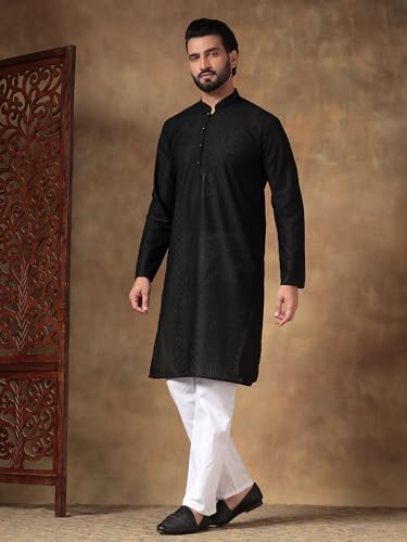 Image of Men's Solid Regular Fit Ethnic Wear White Kurta Pajama Set with Front Pocket