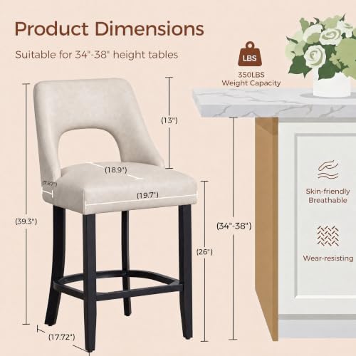 Image of UVV Bar Stools Set of 6, Modern Upholstered Counter Height Bar Stools, Faux Leather Counter Stools BarStools with Wood Legs for Kitchen Island Dining Room Bar, Beige