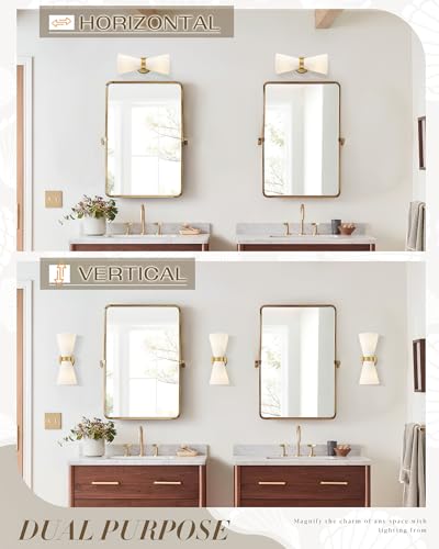 Image of Modern Wall Sconce Set of 2, HWH 2-Light Up Down Wall Light Indoor Vanity Wall Lamp, Brushed Gold Bathroom Vanity Sconce Frosted White Striped Glass Shade, 5HZG97B-2W-2PK BG