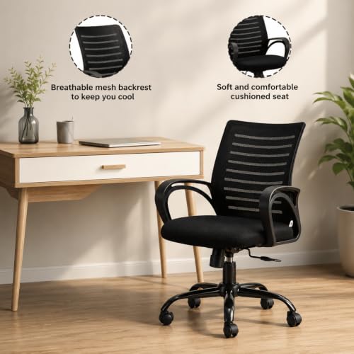 Image of Ayush Traders Ergonomic Mesh Office Chair with Cushioned Seat, Fixed Armrests, 360 Swivel, Height Adjustable, Durable Nylon Base & Smooth Wheels - Computer /Study Chair for Home & Office (Black)