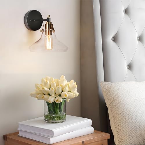 Image of Black Gold Wall Sconce, Modern 1-Light Sconce Wall Lighting with Clear Glass Shade for Bedroom, Bathroom, Hallway and Living Room