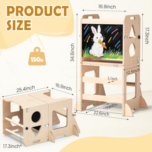 Image of Toddler Standing Tower with Anti-Fall Buckle, 4-in-1 Anti-Slip Toddler Kitchen Step Stool with Blackboard, Foldable Wooden Kitchen Stool Helper for Kids, 1-3 Year Old Boy Girl Gifts.Nature