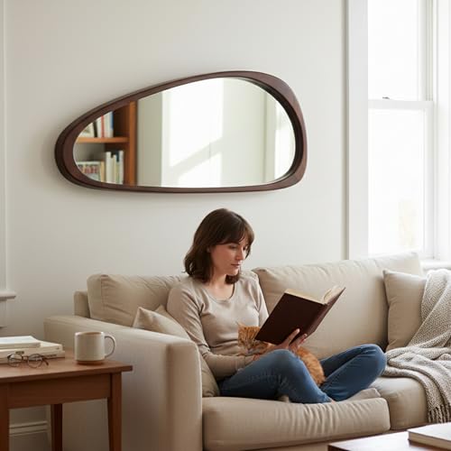 Image of Solid Wood 48 inchx24 inch Dark Walnut Large Organic Irregular Wall Mirror | Large sculptural look adds MCM wood depth to bedroom walls, hallways, living rooms, sideboards, dressers, statement decor