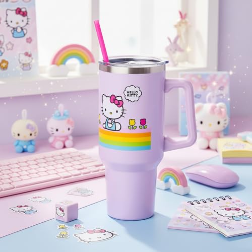 Silver Buffalo Sanrio Hello Kitty Spring and Summer Flowers Rainbow Stripes Double Walled Stainless Steel Tumbler with Handle and Straw, Fits in Standard Cup Holder, 40 Ounces by Silver Buffalo - Used condition - Image 5
