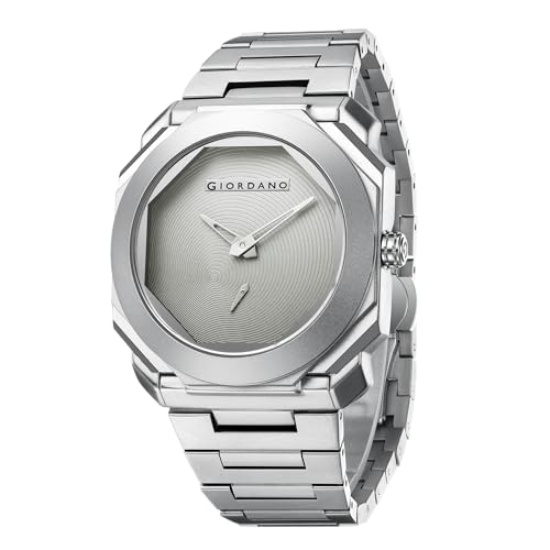 Giordano Octagonal Stainless Steel Watch for Men – Textured Dial with Subdial, Matte Finish Strap