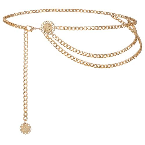 WHIPPY Taillenkette Damen Metall Gürtel Gold Mehrschichtiger Verstellbarer Taillen Gürtel Kettengürtel für Jeans Kleider, 110cm Gold