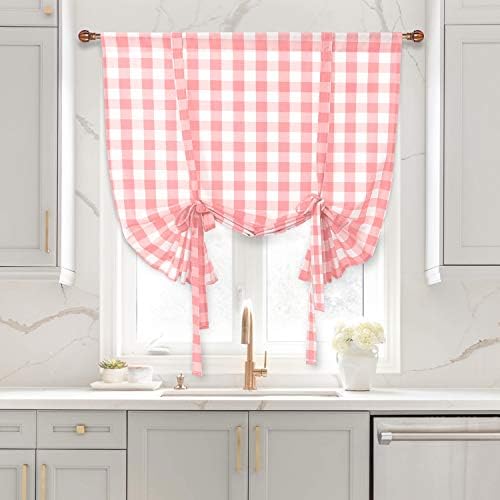 Hiasan Buffalo Check Tie Up Curtains for Small Windows, 42 x 63 inch - Semi Sheer Light Filtering Balloon Kitchen Curtains for Spring (Rod Pocket, Pink and White, 1 Panel)