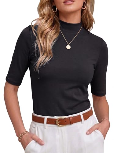PrinStory Women’s Mock Neck Short Sleeve Tops - Non See Through Business Casual Shirts for Office TravelWrinkle Free Slim Fit Blouse Black US XL