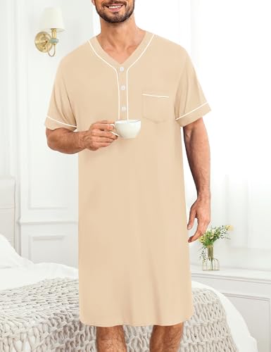 Image of SWOMOG Mens Nightgown Short Sleeve Lounge, Sleep Henley Shirt Pajama Big & Tall Nightshirt Comfy Nightwear M-3XL