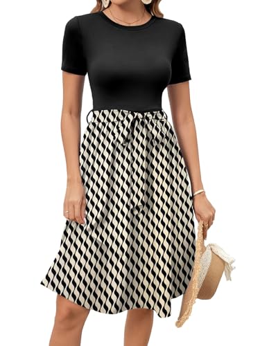 Image of Women's Elegant Vintage Round Neck Short Sleeve Summer Casual Work Party A-Line Dress with Belt 809