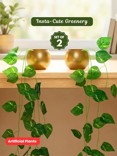 Image of Bombay Greens ; Sow, grow, eat, repeat Gold Metal Pot with Artificial Money Plant | Hanging Plant Wall Decor | Metal Pot for Home Decor, Living Room, Balcony & Office Decoration