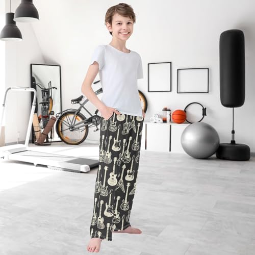 Boy's Pants White Black Guitar Jogger Pants Elastic Waist Long Bottoms Trousers with Pockets 6-14 Years 6