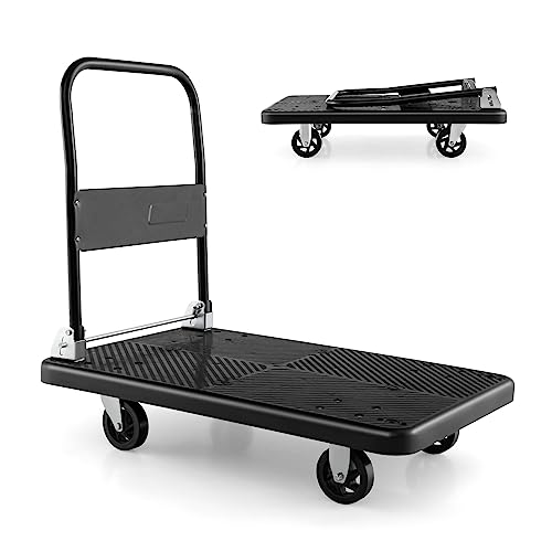 TANGZON Folding Push Cart Dolly, Rolling Flatbed Luggage Cart with 360° Swivel Wheels, Garage Warehouse Moving Platform Hand Push Truck(Black, 92 x 60 x 87cm, 400KG Capacity)