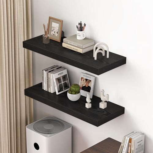 Image of Dreamland 36 inch Floating Shelves for Wall, 12 inch Deep Thicker Black Floating Shelves, Wall-Mounted Shelves for Bedroom, Living Room, Kitchen, Bathroom - Set of 2