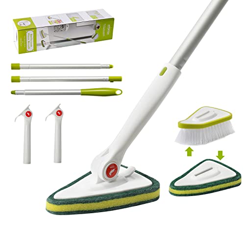 2 in 1 Shower Scrubber Kit with 48''Long Extendable Handle; Tub and Tile Scrub Brush Sponge with Lock Swivel Option, Grout Scrub Brushes for Cleaning Patio Bathroom Garage Kitchen Wall Deck