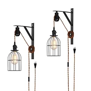 SEEBLEN Farmhouse Plug in Pendant Light Set of 2 Pulley Wall Pendant Lamp with 7 Foot Brown Plug and Switch
