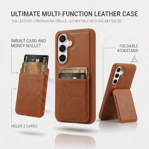 Image of amazon basics Premium Vegan Leather Back Cover with Card Holder and Integrated Mobile Stand for Samsung Galaxy S26 5G - Slim Shockproof Wallet Case with Geometric Stitching [Tan]