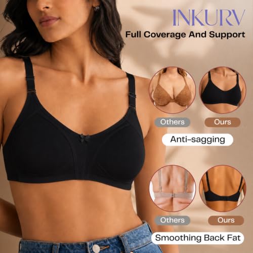 Image of INKURV Seamless Bra for Women Full Coverage | Cotton Hosiery T-Shirt Brassiere - Non Padded Wireless Lift for Everyday Wear| Moulded Cups for Chest Lifting- SAGE