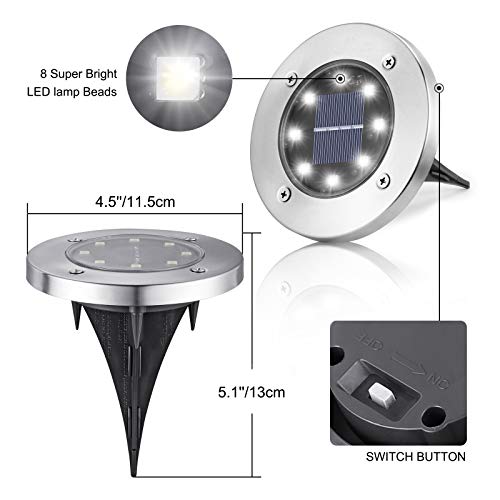 LYHOPE Solar Ground Lights, 8 Pack 8 LED Solar Disk Lights Outdoor Garden In-ground Lights Landscape Lighting for Lawn Pathway Yard Patio Walkway (White)