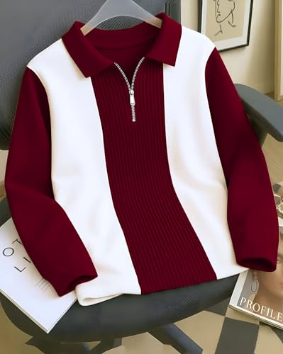 Image of Mens Stylish Half Zipper Collared Neck Tshirt, Casual Texture T-Shirt for Men, Formal Full Sleeves T-Shirt for Boys, Texture Tshirs for Boy