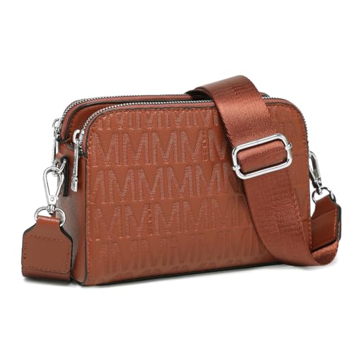 MKP COLLECTION Bolsas transversais para mulheres pequenas bolsas de ombro com alça larga ajustável, design de zíper triplo, Café Leve, Small