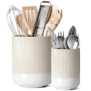 LE TAUCI Utensil Holder, 18.5+14cm Ceramic Kitchen Utensils Holder, Large Cooking Utensil Pots for Kitchen Counter, Morden Utensil Organizer for Spatula, Set of 2, Reactive Glaze Arctic White