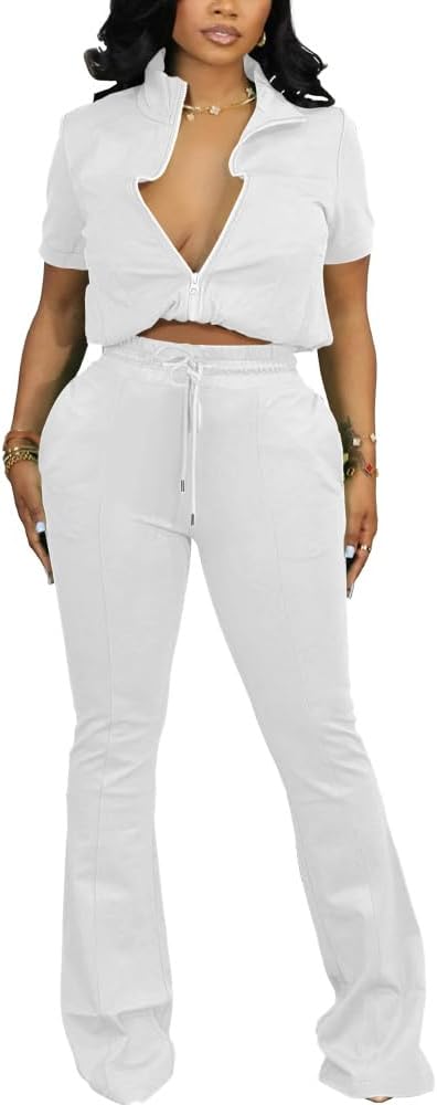 HBQ Women's Two Piece Tracksuit Set Short Sleeve Zip Up Polo Top Side Stripe Flare Pants with Pocket Athletic Casual Outfit-M-White