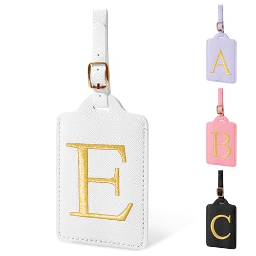 Personalized Initial Luggage Tags for Suitcase TSA Approved, White Leather Cute Luggage Tag with Privacy Cover Name Card, Embroidered Custom Luggage Tags Travel Baggage Tags Gifts for Women Kids(E)