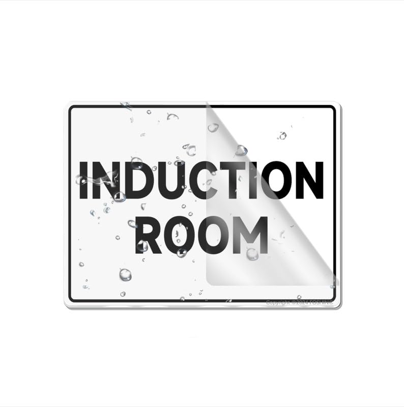 Cartello in plastica acrilica per sala a induzione, 20,3 x 15,2 cm, con simboli, autoadesivo, per ristoranti, saloni, hotel, motel, stop e bagni pubblici