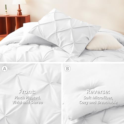 CozyLux King Size Comforter Set White, 7 Pieces Pintuck Bed in A Bag White Comforter King Size, Pinch Pleat Bedding Set with All Season Comforter, Sheets, Pillowcases & Shams
